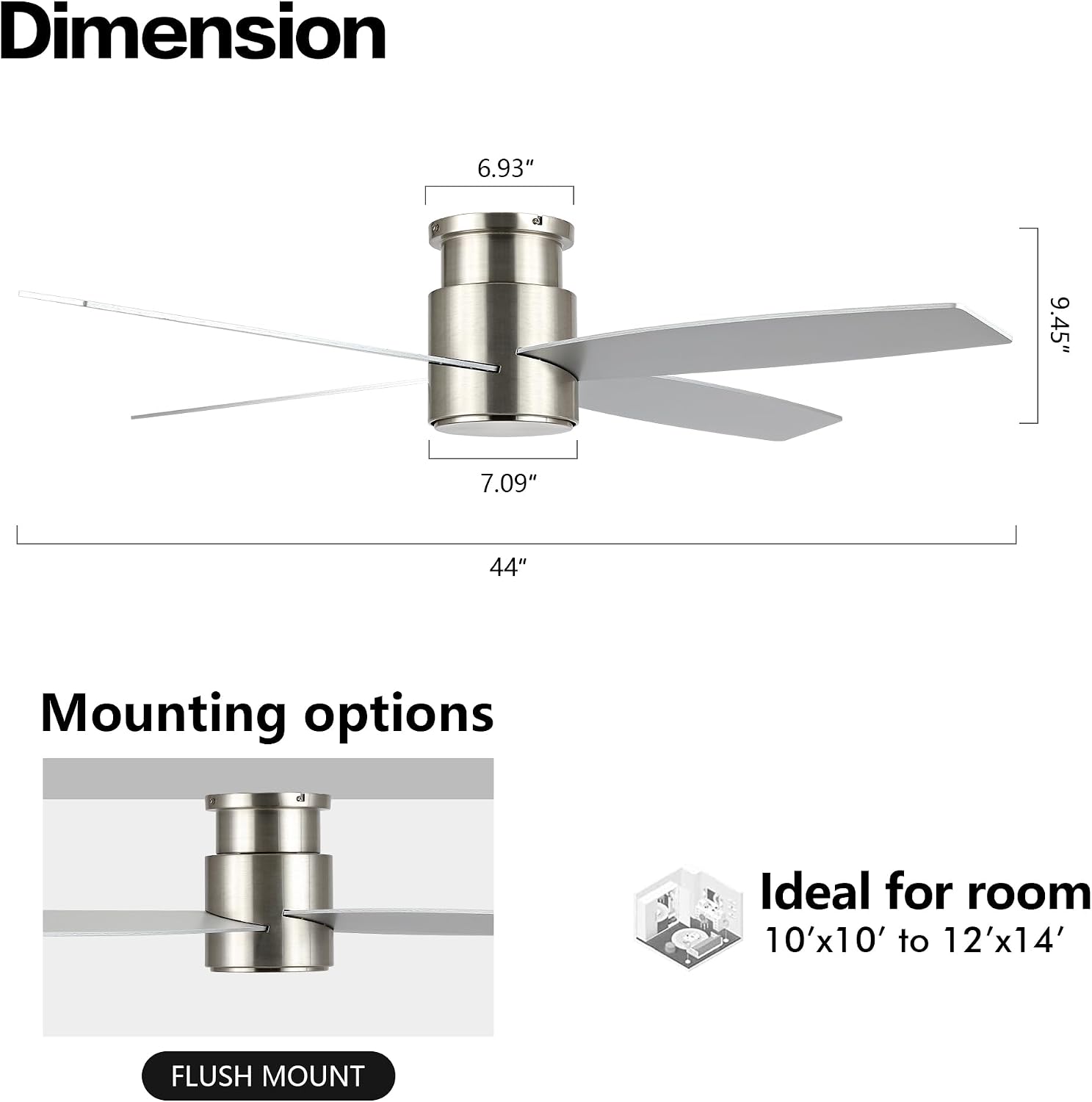 WINGBO 44' Flush Mount DC Ceiling Fan without Lights, 4 Reversible Plywood Blades, Quiet 6-Speed DC Motor, Hugger Low Profile Ceiling Fan No Lights for Bedroom, Brushed Nickel Finish