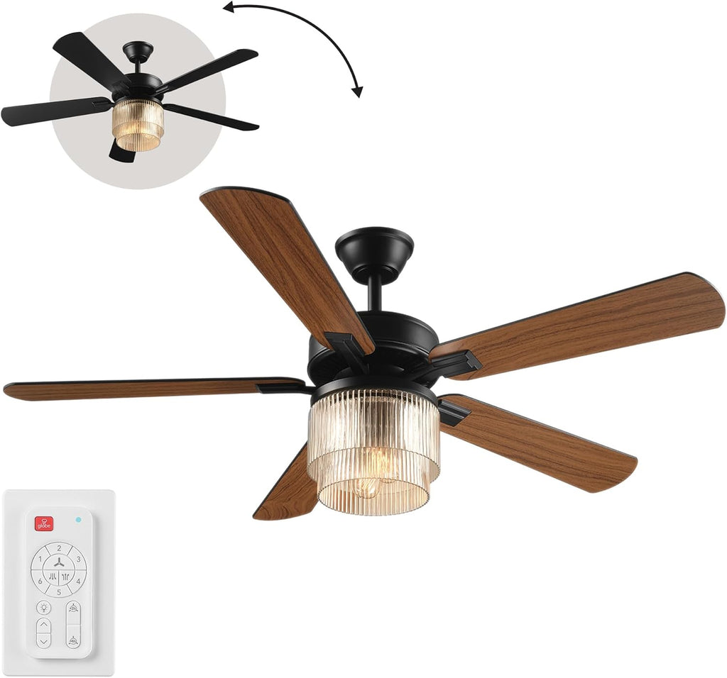 Globe Electric 37000023 52' 2-Light Ceiling Fan with Glass Shade, Remote Control, WhisperQuiet DC Motor, 6 Speeds, Matte Black, Indoor/Outdoor