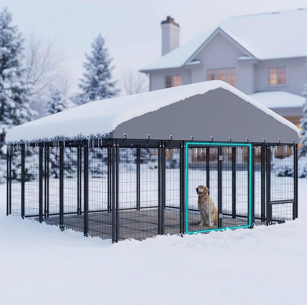 10X10FT Large Dog Kennel Outdoor Dog Enclosure Outside, Double Door Heavy Duty Galvanized Steel Dog Crate Durable Dog Cage with Roof & Double Lock
