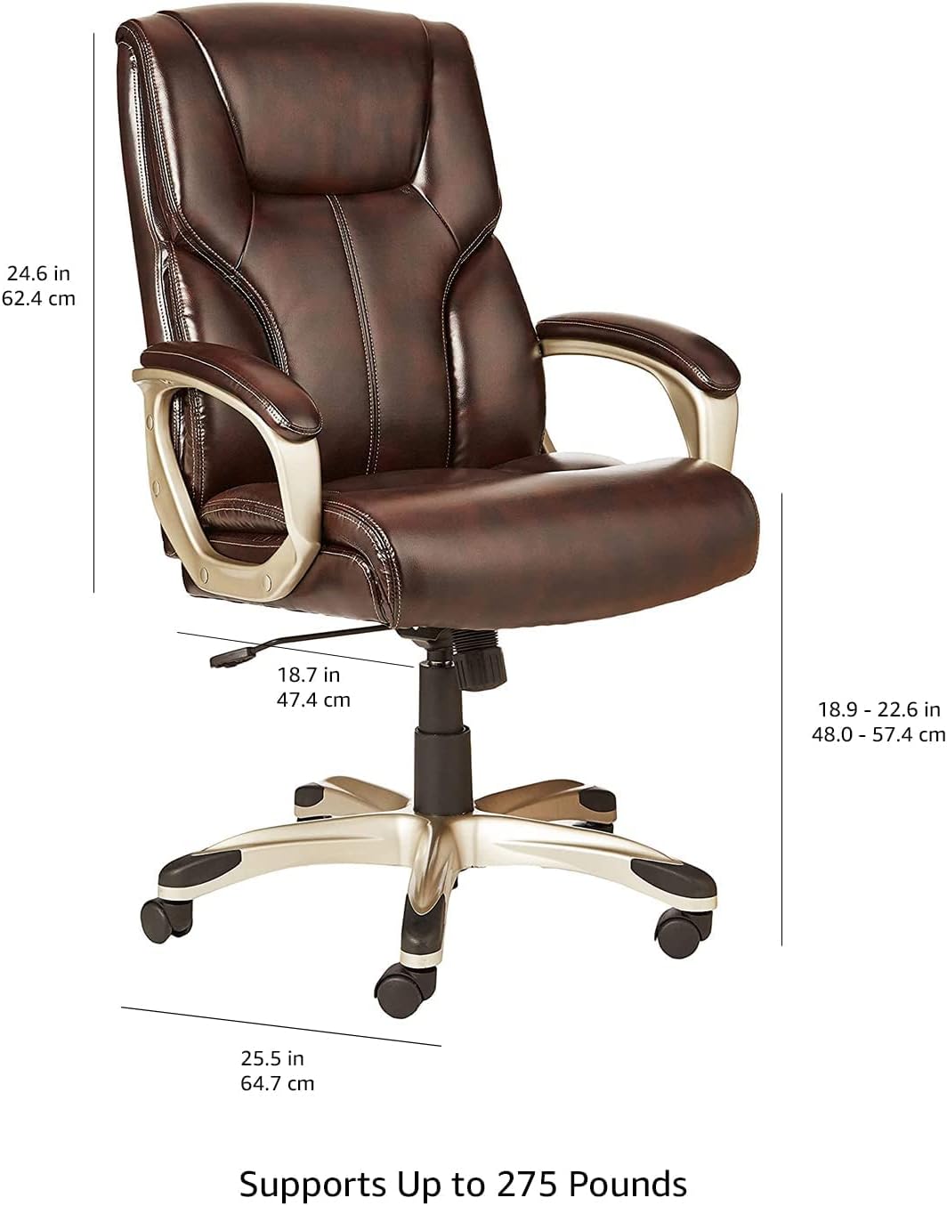 Amazon Basics Executive Home Office Desk Chair with Padded Armrests, Adjustable Height and Tilt, Rolling Swivel Chair, 275 Pound Capacity, Brown and Gold