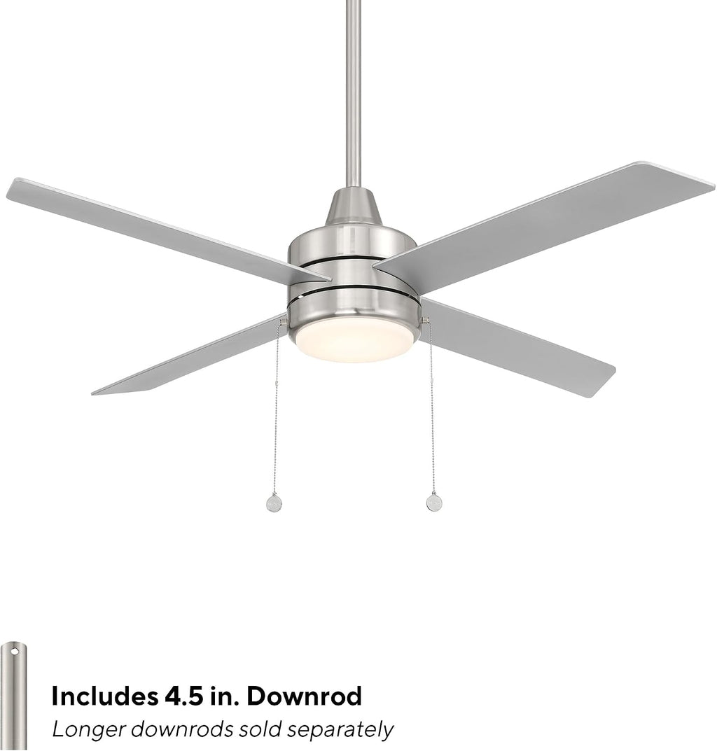 WAC Lighting Quade Indoor or Outdoor 4-Blade 52in Pull Chain Ceiling Fan in Brushed Nickel with Adjustable CCT 2700-3000-4000-5000K Dimmable LED Light Kit and Memory Function