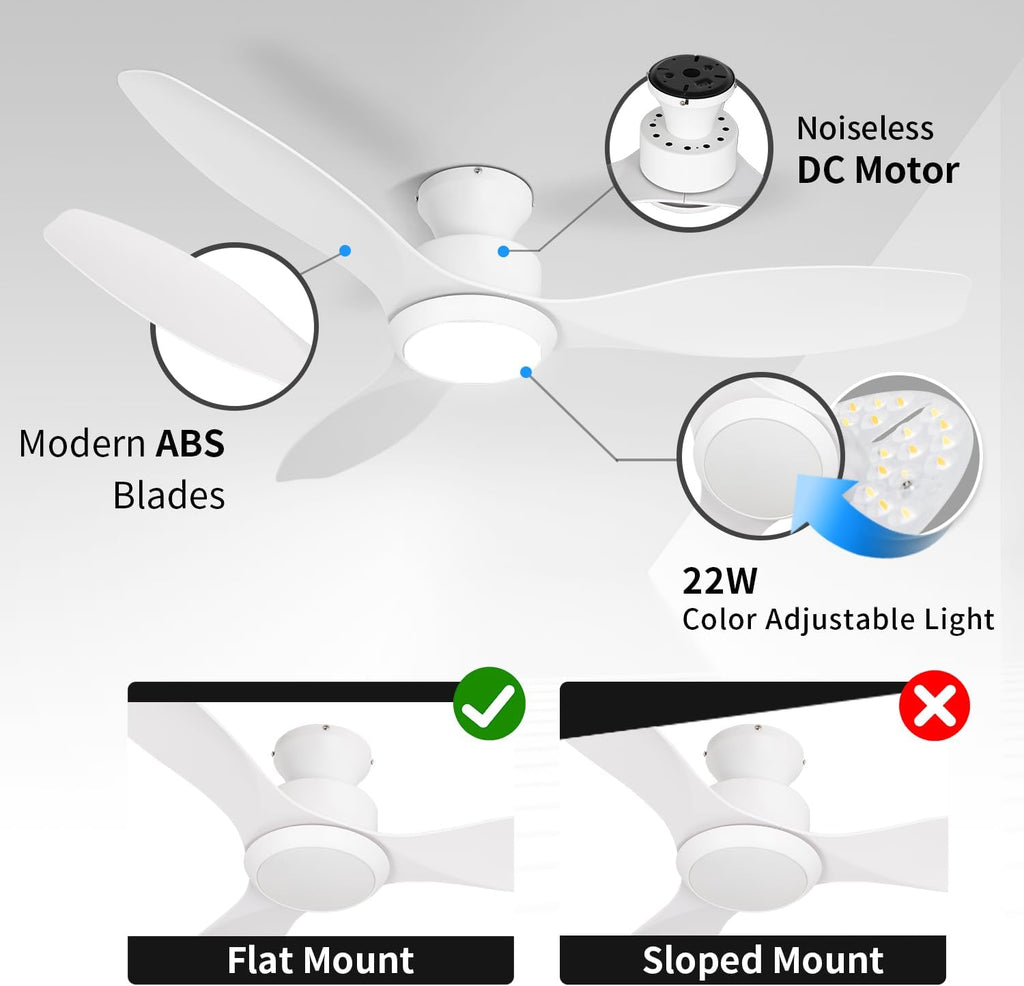 48 inch Ceiling Fan with Light and Remote, White Flush Mount Ceiling Fan with 3 Blades,3 Color Dimmable Lights, 6 Speeds, Queit DC Motor, for Bedroom/Outdoor/Patios, White