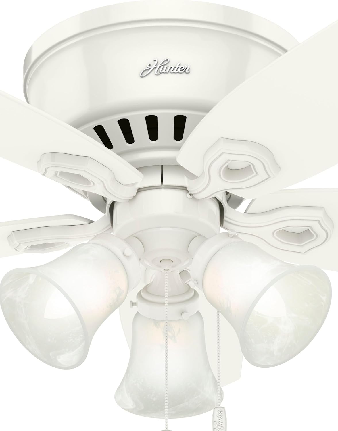Hunter 42 inch Indoor Ceiling Fan with LED Lights - White Ceiling Fan with Pull Chain, For Bedroom, Living Room, or Kitchen, Low Profile Flush Mount, No Remote, 5 Blades - Builder 51090, Snow White