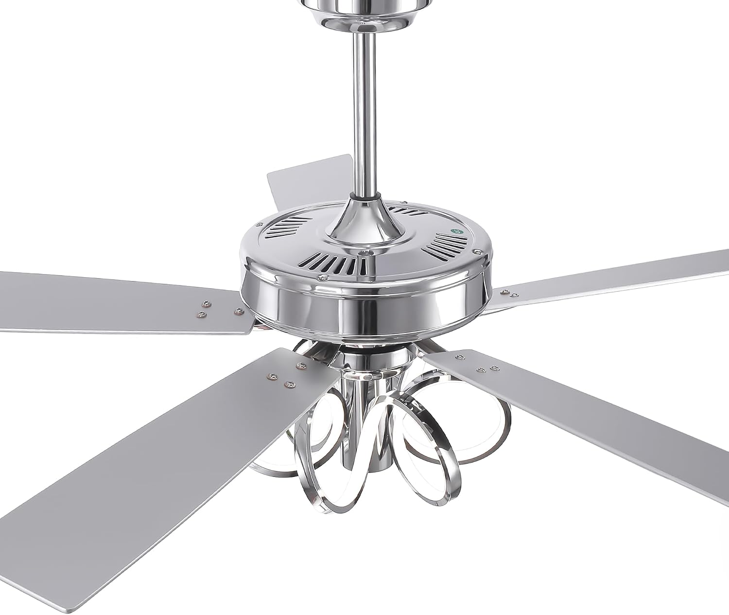52 Inch Silver Ceiling Fans with Lights and Remote, Creative Modern Ceiling Fan for Bedroom Living Room with 3CCT, 6 Speeds, Timer, Dual-Sided Reversible 5 Blades Indoor Outdoor Chandelier Fan