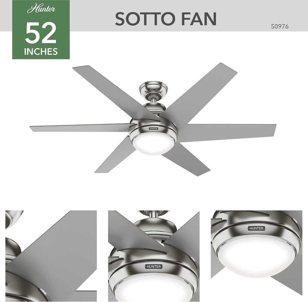 Hunter 52 inch Indoor Ceiling Fan with LED Light and Remote Control - Modern Ceiling Fan, Standard Mount, 6 Blades, For Bedroom, Living Room, or Kitchen, Quiet - Sotto 50976, Brushed Nickel