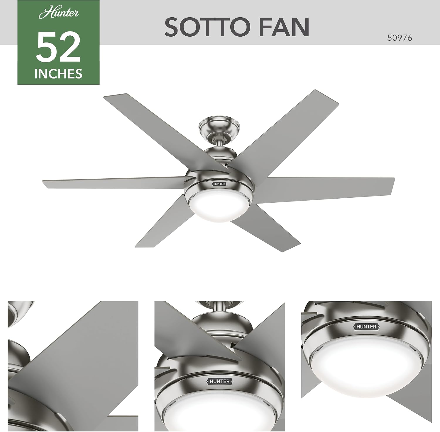 Hunter 52 inch Indoor Ceiling Fan with LED Light and Remote Control - Modern Ceiling Fan, Standard Mount, 6 Blades, For Bedroom, Living Room, or Kitchen, Quiet - Sotto 50976, Brushed Nickel