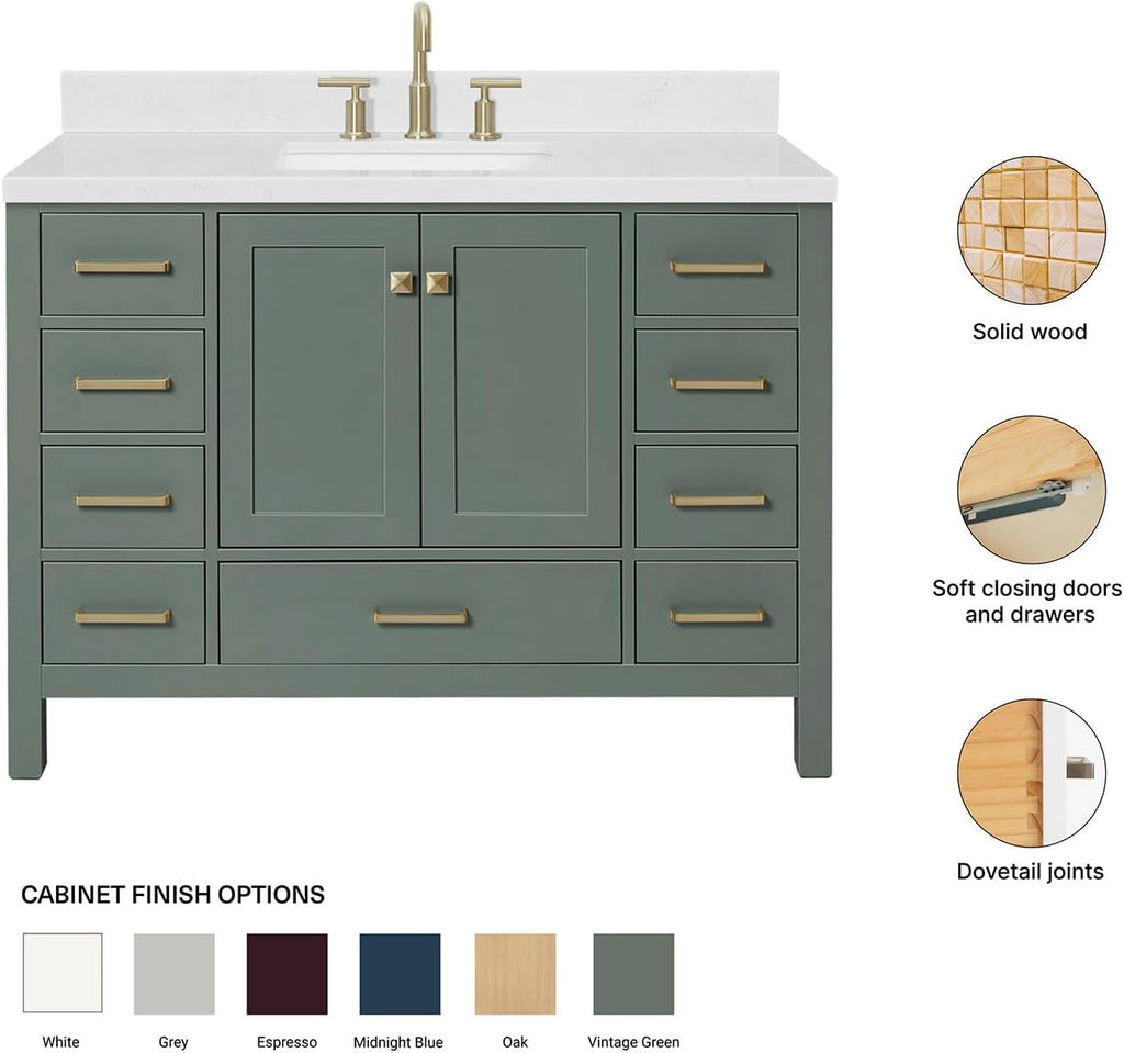 ARIEL Cambridge 48-inch Bathroom Vanity with Sink,Solid Wood, 1.5-inch Carrara White Quartz Countertop, Single Rectangular Porcelain Sink, 2 Soft Closing Doors, 9 Dovetail Drawers, Vintage Green