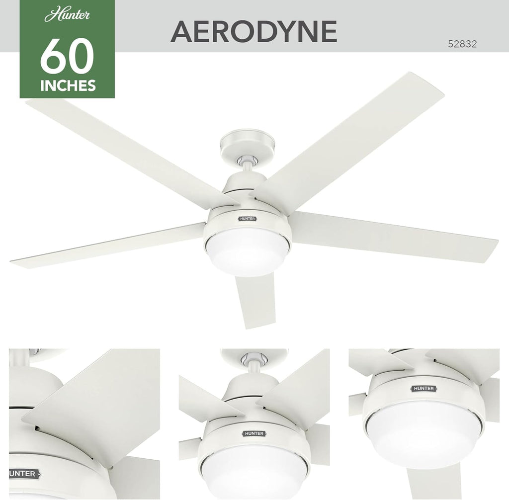 Hunter - Aerodyne Indoor Ceiling Fan With Light, Remote, 60-inch, Fresh White, Casual-style, 6-speed DC Motor, Energy Star, WiFi Smarthome, 52832, for living rooms, bedrooms, home offices, kitchens