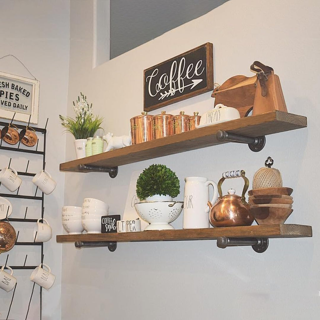 HDDFER Industrial Pipe Wall Wood Shelves,Real Wooden Shelves 48' in Special Brown Color with 1.2' Extra Thickness, Modern Floating Shevles Bookshelf Shelving Units for Rustic Farmhouse Decor