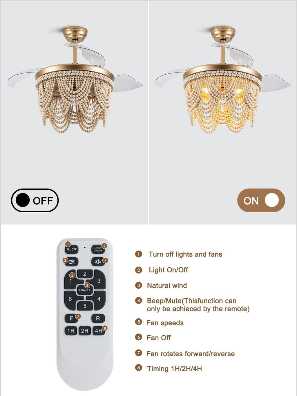 42 Inch Boho Fandelier Ceiling Fan with Light Retractable Ceiling Fan with Lights Wood Beaded Coastal Chandelier, 6 Speeds Reversible Quiet DC Motor for Bedroom Living Room