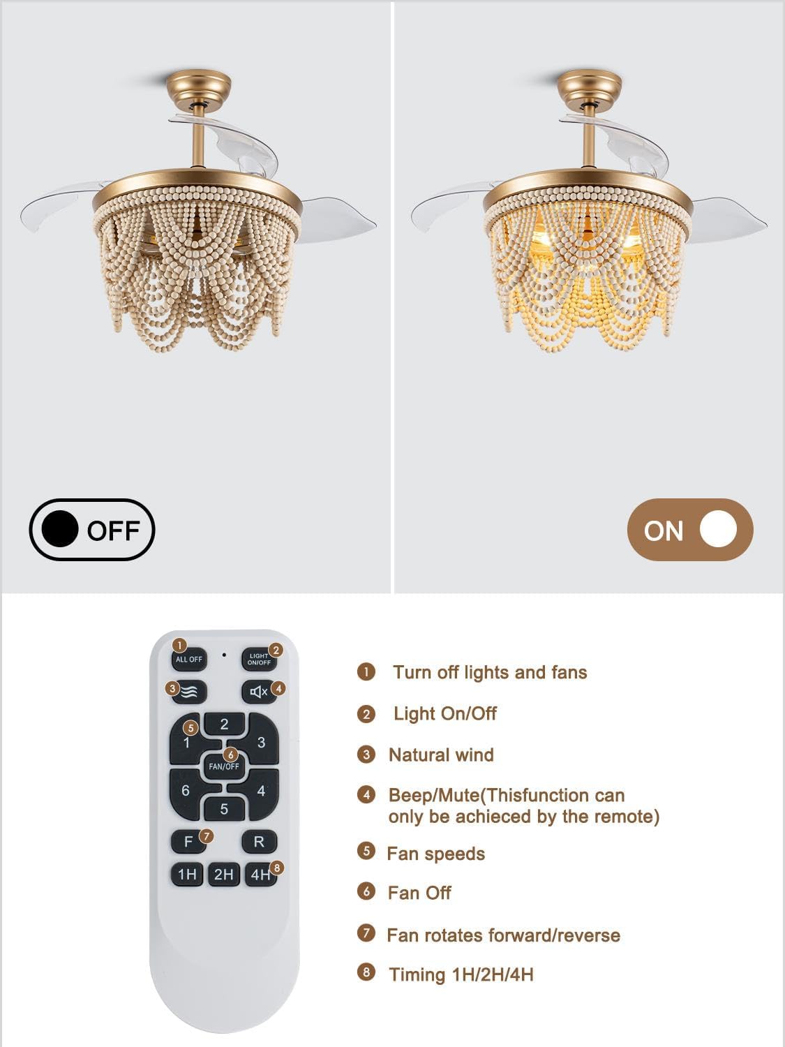 42 Inch Boho Fandelier Ceiling Fan with Light Retractable Ceiling Fan with Lights Wood Beaded Coastal Chandelier, 6 Speeds Reversible Quiet DC Motor for Bedroom Living Room
