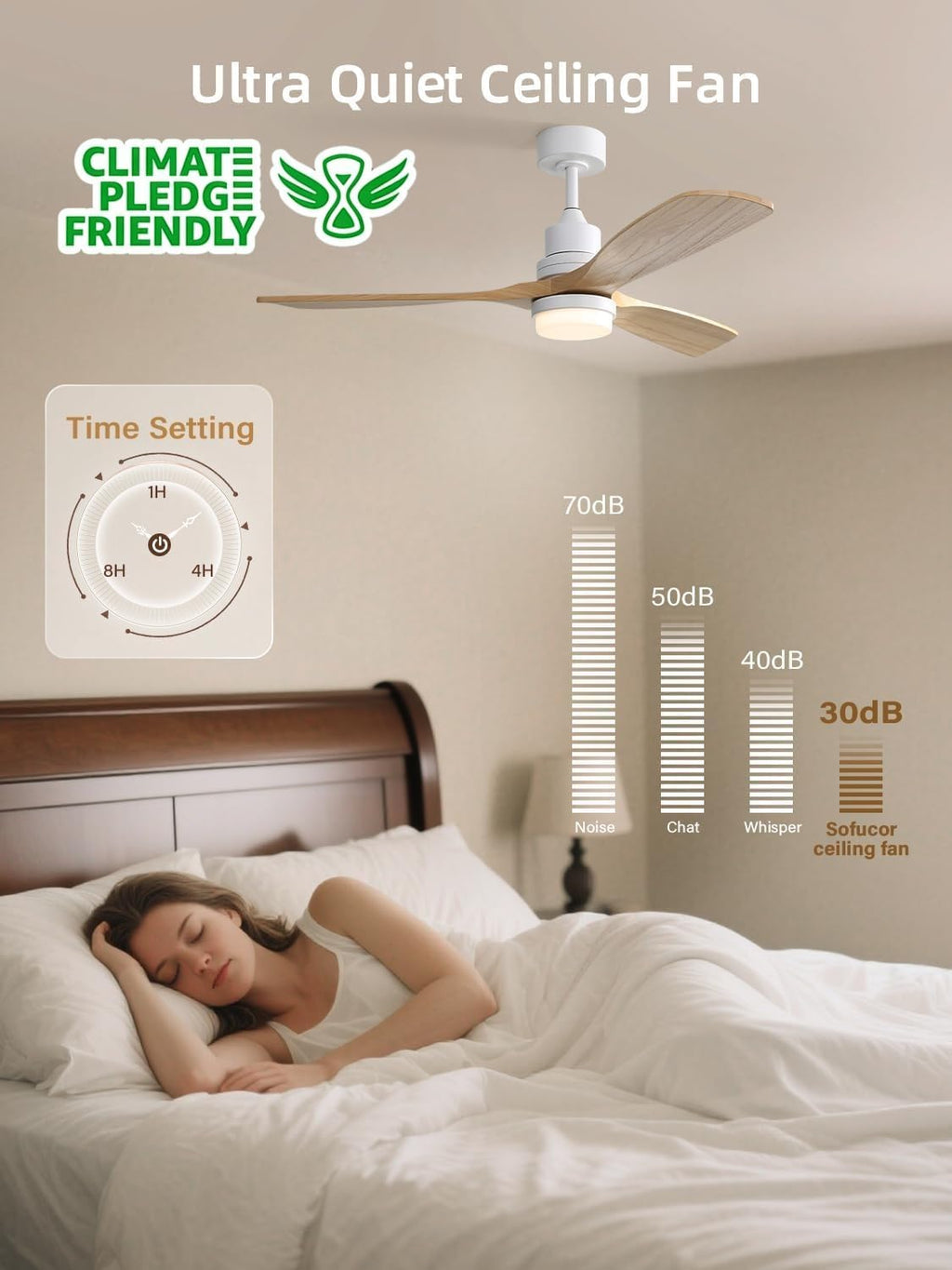 Sofucor 52 Inch Smart Ceiling Fans with Lights and Alexa/Google Assistant/APP/Remote Control-Modern Solid Wood Outdoor 3 Blades Ceiling Fan for Indoor/Bedroom/Living Room/Kitchen/Patio, Natural Wood