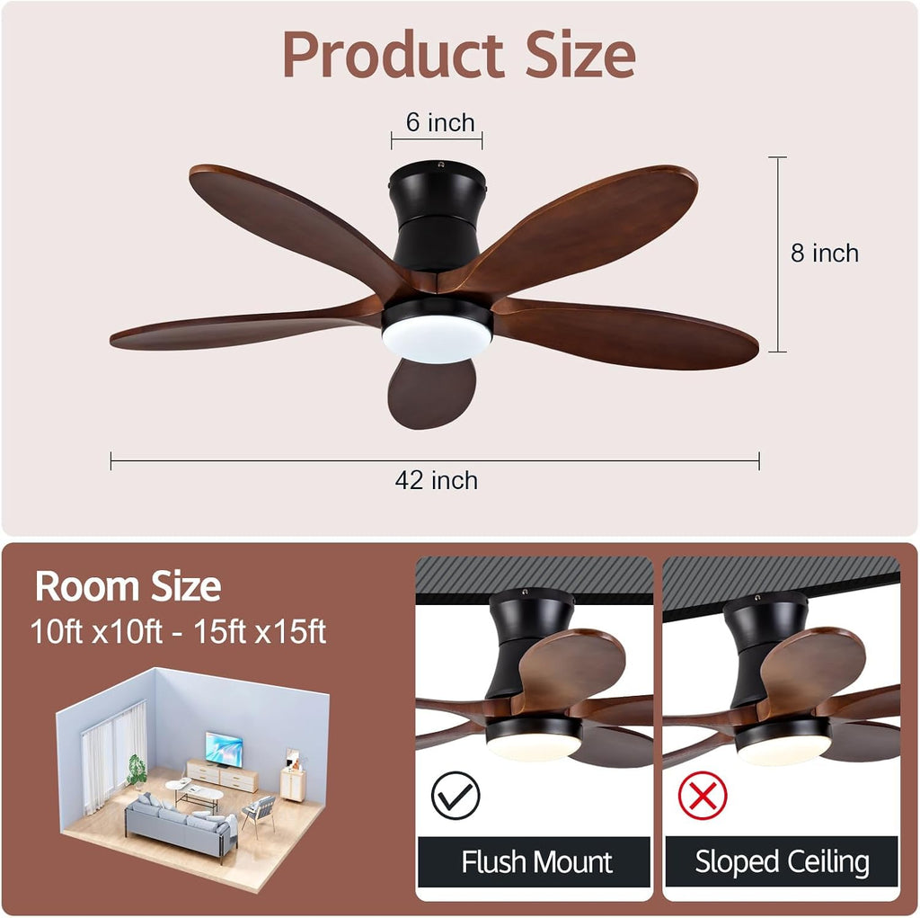 Smart 42 inch Ceiling fan with Light, Voice & App & Remote Control,Black Flush Mount Ceiling Fans,5 walnut Wood Blades, Reversible,3CCT,Dimmable,Quiet,for Living Room,Bedroom,Patio