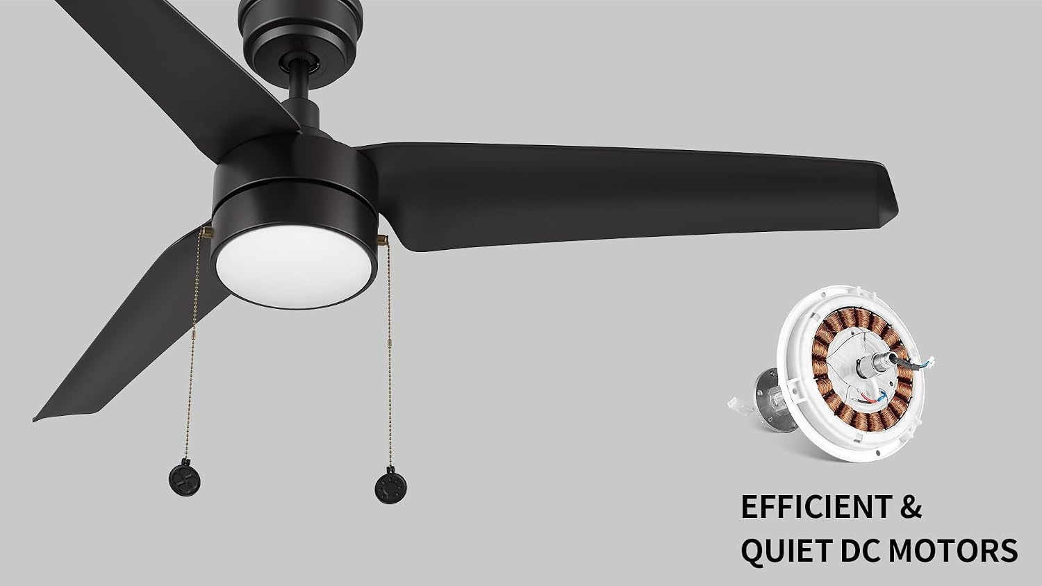 SMAAIR Indoor 52 Inch Ceiling Fans with Pull Chain, Modern Ceiling Fans with Lights, Dimmable LED Ceiling Fan with 3 Blades for Bedroom, Quiet DC Motors, Reversible, Black