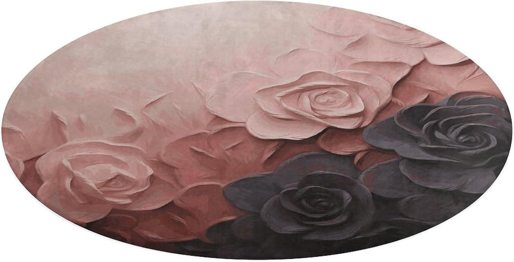 Rose Color Blush and Black Coral Velvet Round Floor Mat Non-Slip Bath Rug Floor Covering for Bathroom Vanity Guest Suite & Vacation Home
