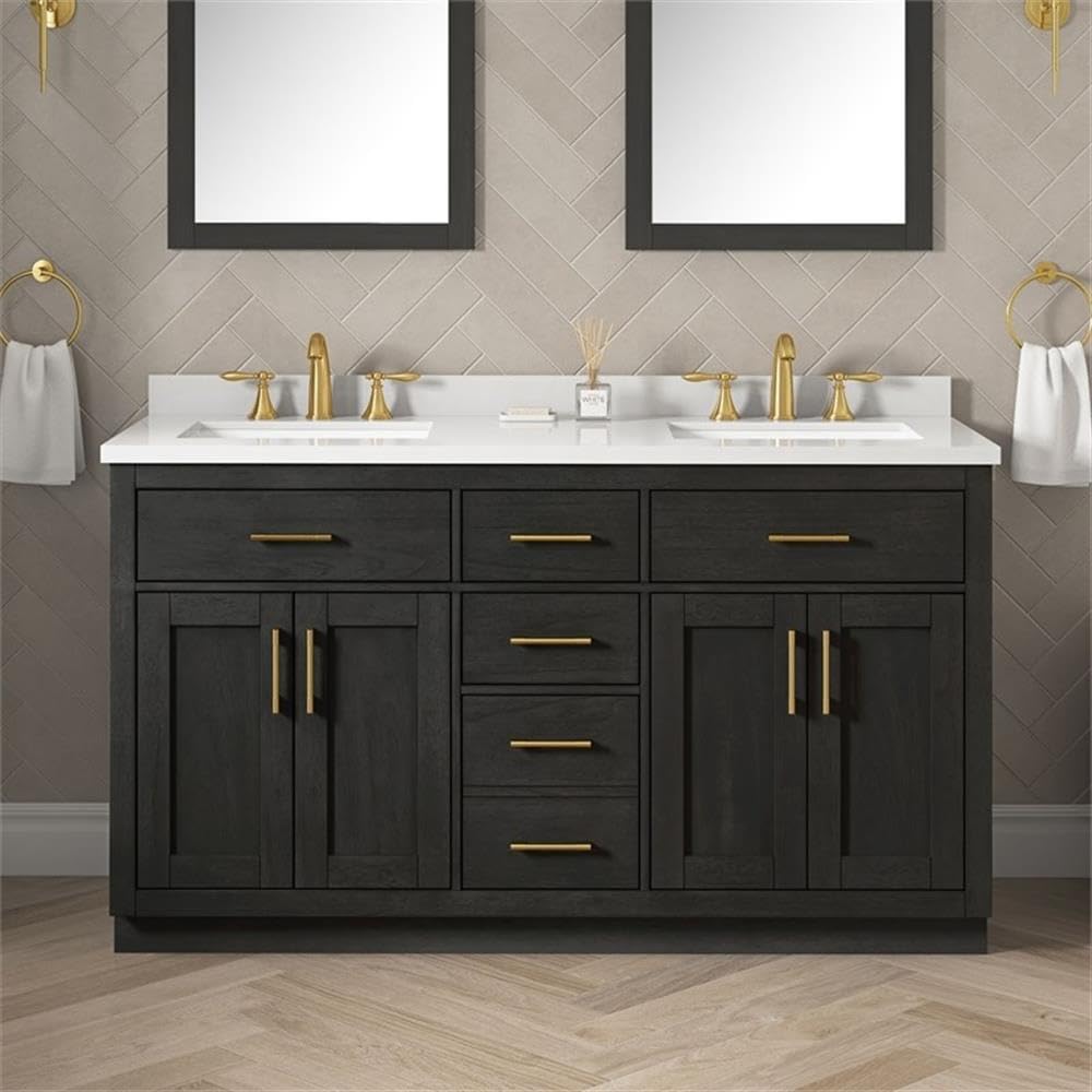 Pemberly Row 60' Double Bathroom Vanity, Matte Black Wood, White Quartz Countertop with 3' Backsplash, 2 Undermount Sinks, Shaker Style, Ample Storage, Brushed Gold Hardware for Master or Guest