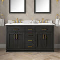 Pemberly Row 60' Double Bathroom Vanity, Matte Black Wood, White Quartz Countertop with 3' Backsplash, 2 Undermount Sinks, Shaker Style, Ample Storage, Brushed Gold Hardware for Master or Guest