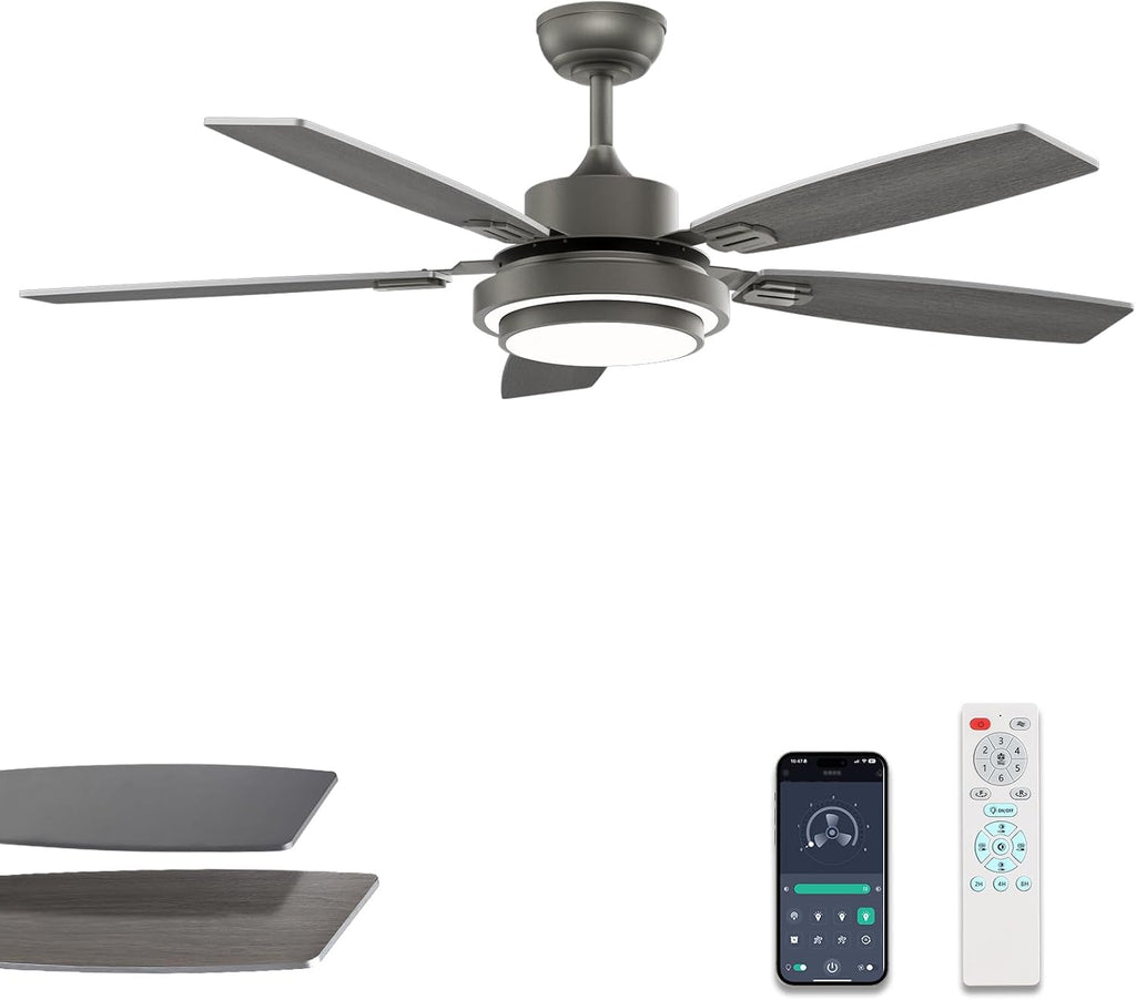 52 Inch Ceiling Fans with Lights and Remote Control, Ceiling Fan for Bedroom Living Room and Patio, Medium Grey Ceiling Fan for Indoor and Outdoor