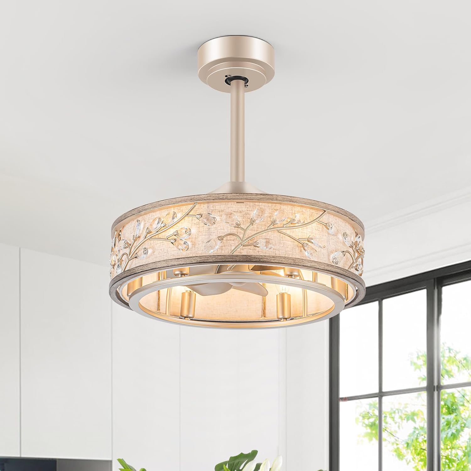 WWM 20 Inch Low Profile Caged Fandelier Ceiling Fan with Lights – Farmhouse Style, DC Motor Fixes Flickering, Reversible Motor, 6 E12 LED Bulbs Included, Remote Control, Quiet & Energy-Efficient