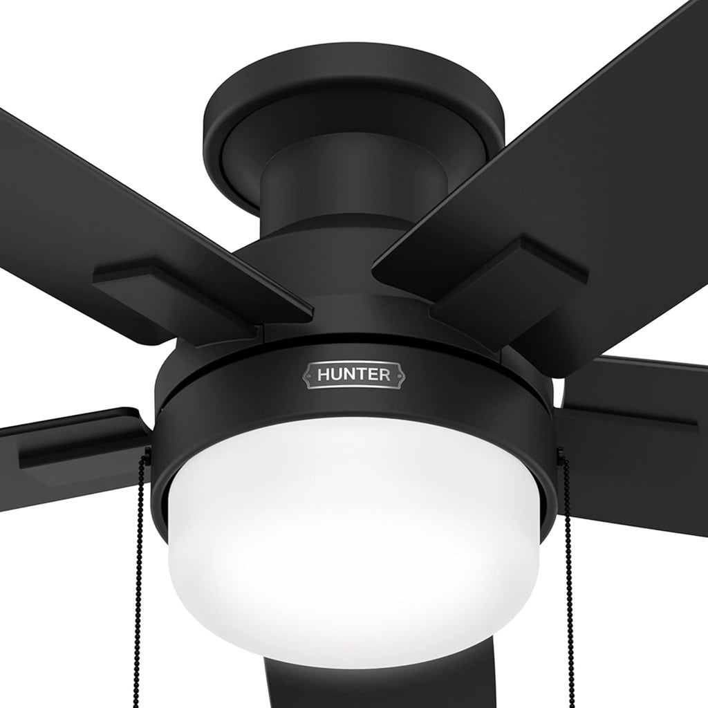 Hunter Fan 52 Inch Matte Black Ceiling Fan with Light and Pull Chain, Low Profile Fan for Bedroom, Living Room, Dining Room, Kitchen, Office (Renewed)