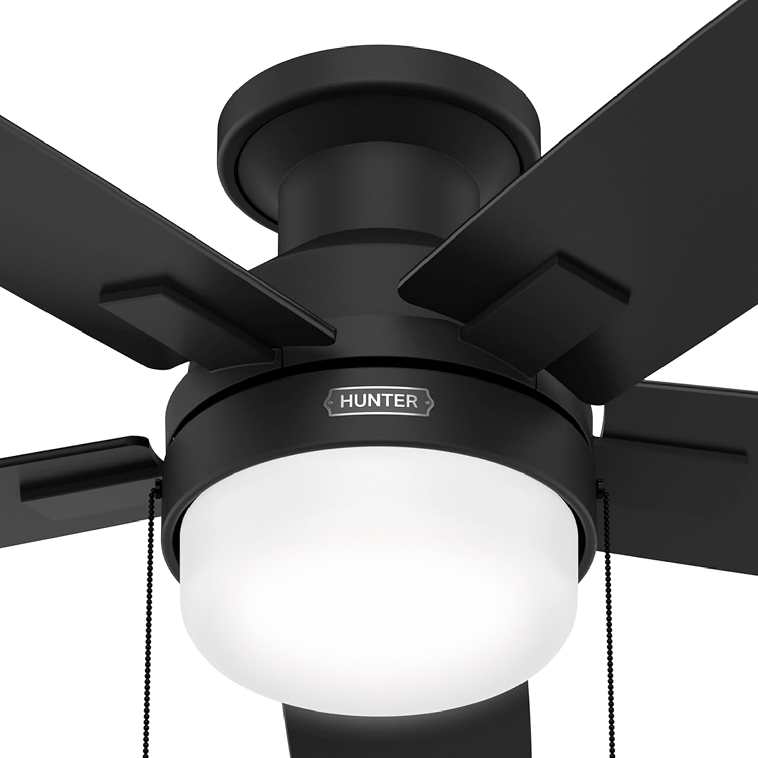 Hunter Fan 52 Inch Matte Black Ceiling Fan with Light and Pull Chain, Low Profile Fan for Bedroom, Living Room, Dining Room, Kitchen, Office (Renewed)