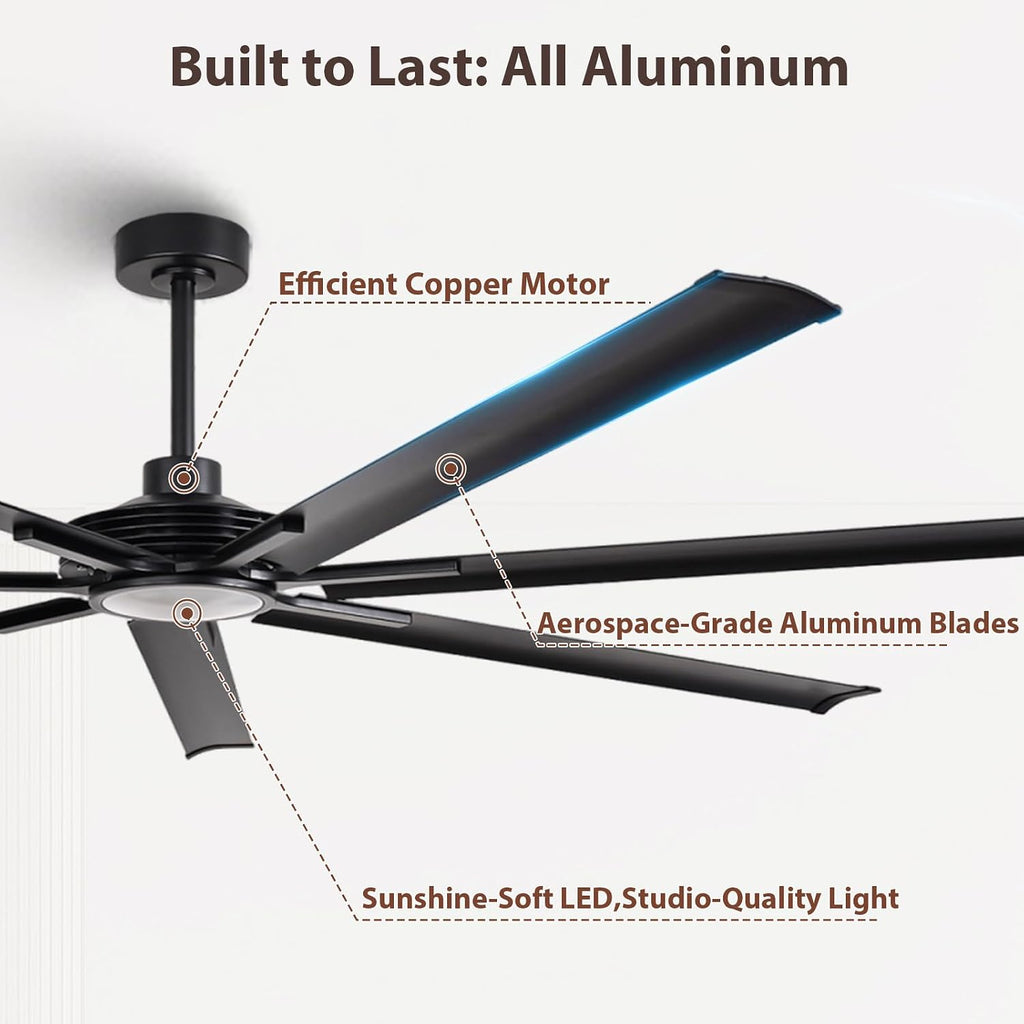 100' Large Commercial Ceiling Fan Lights & Remote - Damp-Rated Outdoor Ceiling Fans for Patios, Modern Industrial Design, 6-Speed, Dimmable LED, Use for House, Shop, Garage,High-Traffic Areas