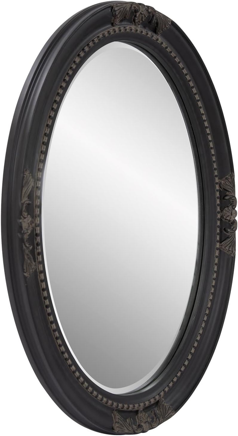 Howard Elliott Collection Queen Ann Antique Black Oval Mirror, Bevelled Vintage Hanging Wood Framed Vanity Wall Mirrors for Home Decor, Living Room, Bathroom, Bedroom, or Hallway, 25 x 33 Inch