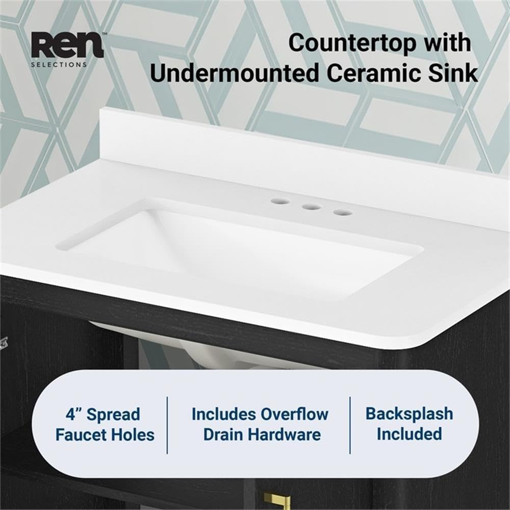 Pemberly Row 30' Matte Black Bathroom Vanity, Freestanding with Engineered Marble Countertop and Backsplash, Single Rectangular Sink, Soft-Close Doors and Drawer, Modern Design, MDF Construction