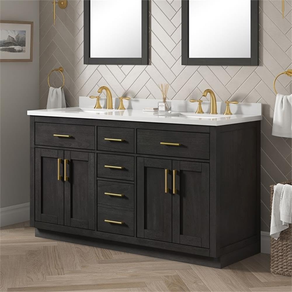 Pemberly Row 60' Double Bathroom Vanity, Matte Black Wood, White Quartz Countertop with 3' Backsplash, 2 Undermount Sinks, Shaker Style, Ample Storage, Brushed Gold Hardware for Master or Guest