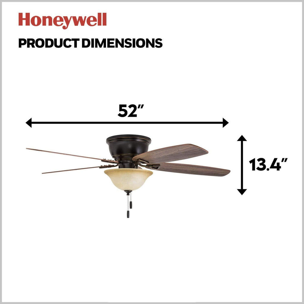 Honeywell Glen Alden 52 Inch Indoor LED Ceiling Fan with Bowl Light, Pull Chain Control, 5 Dual-Finish Blades, Quiet Reversible Motor, White