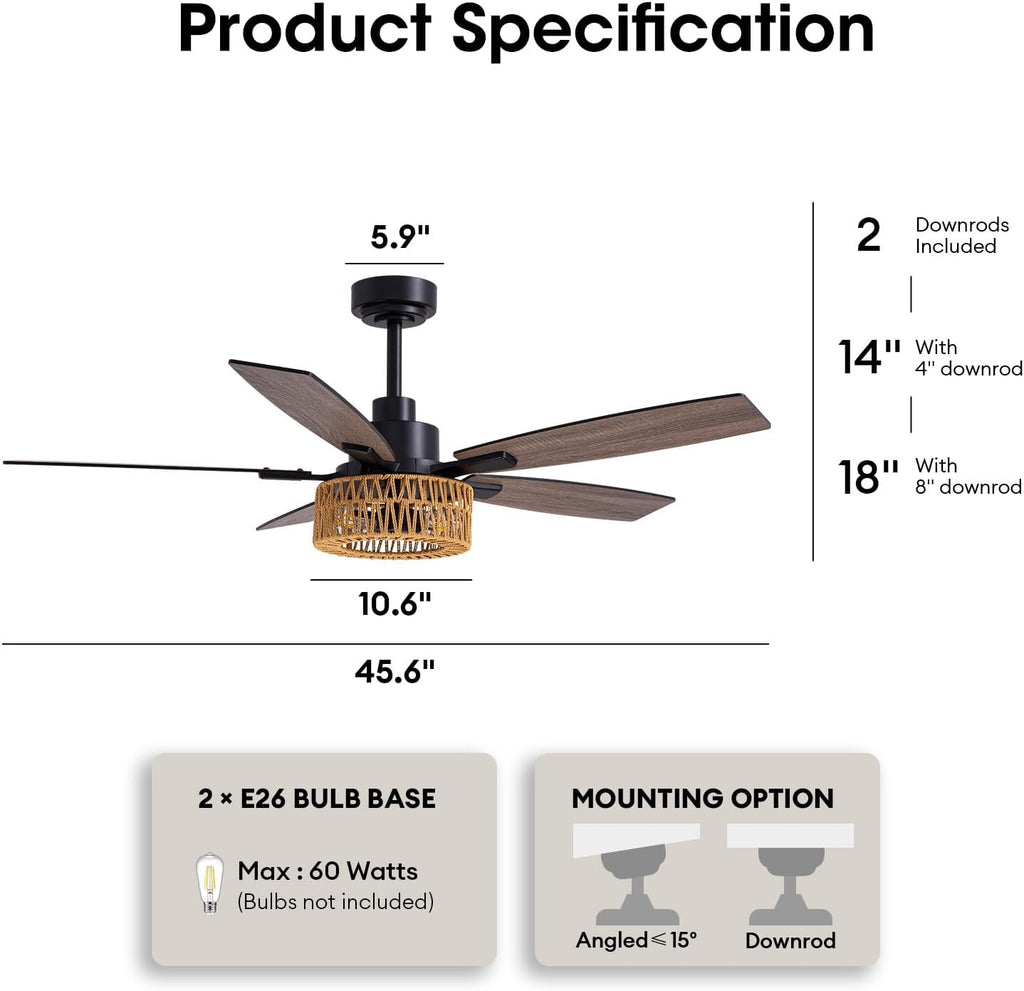 LuminFan 52 Inch Boho Black Rattan Ceiling Fans with Lights and Remote Control, Farmhouse Caged Rattan Ceiling Fan for Dining Room, Bedroom, Living Room and Patio, Indoor/Outdoor