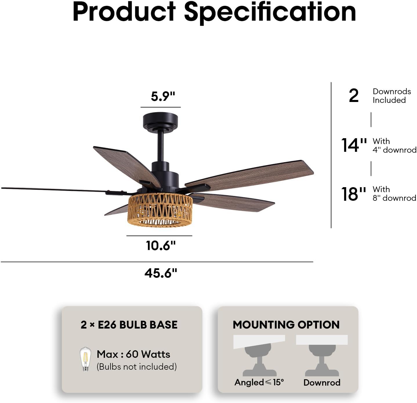 LuminFan 52 Inch Boho Black Rattan Ceiling Fans with Lights and Remote Control, Farmhouse Caged Rattan Ceiling Fan for Dining Room, Bedroom, Living Room and Patio, Indoor/Outdoor