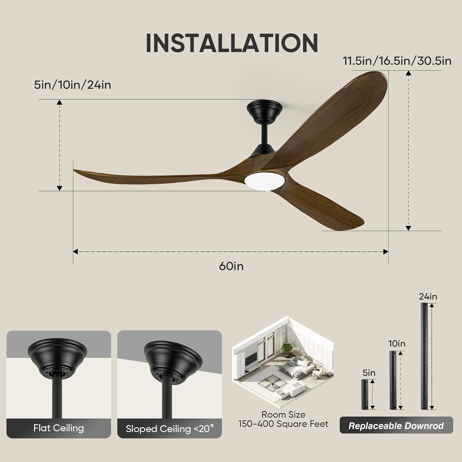 60 Inch Wood Ceiling Fan with Light, Outdoor Farmhouse Rustic Ceiling Fans for Patios Remote/App/Alexa Control, 3 Blades Large Airflow Propeller Dc Ceiling Fans for Indoor Outside