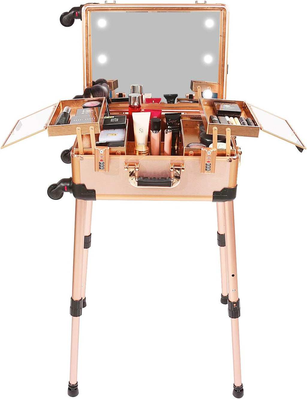 Medium Makeup Train Case with Code Lock, Lighted Mirror, Speaker Travel Cosmetic Organizer Box, Professional Artist Trolley Studio Free Standing Case