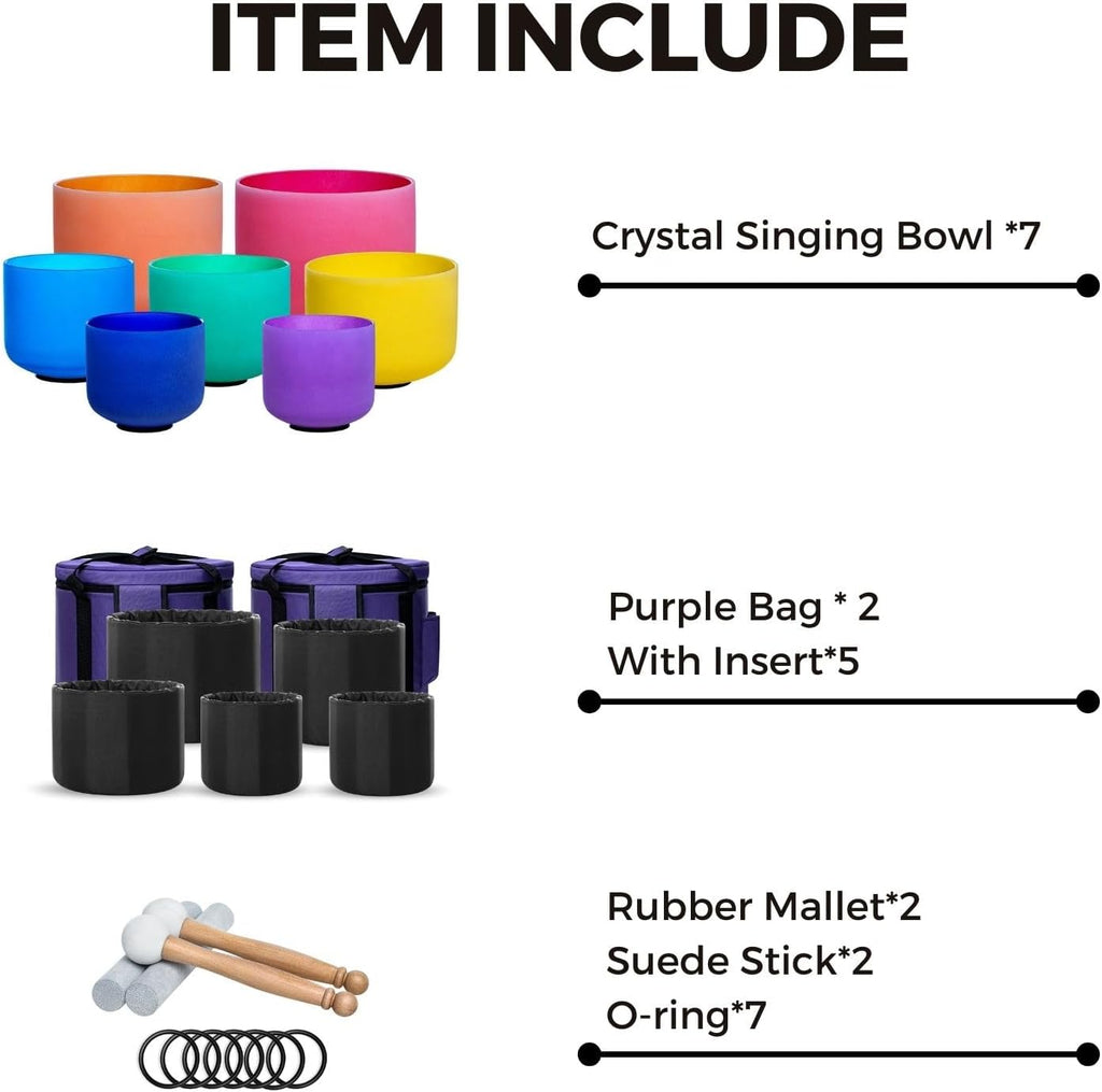 432hz Crystal Singing Bowl Healing 6-12inch Set of 7 Colored for Meditation Yoga Heart Chakra Singing Bowls Heavy Duty Carrying Case Rubber Mallet Suede Striker O ring