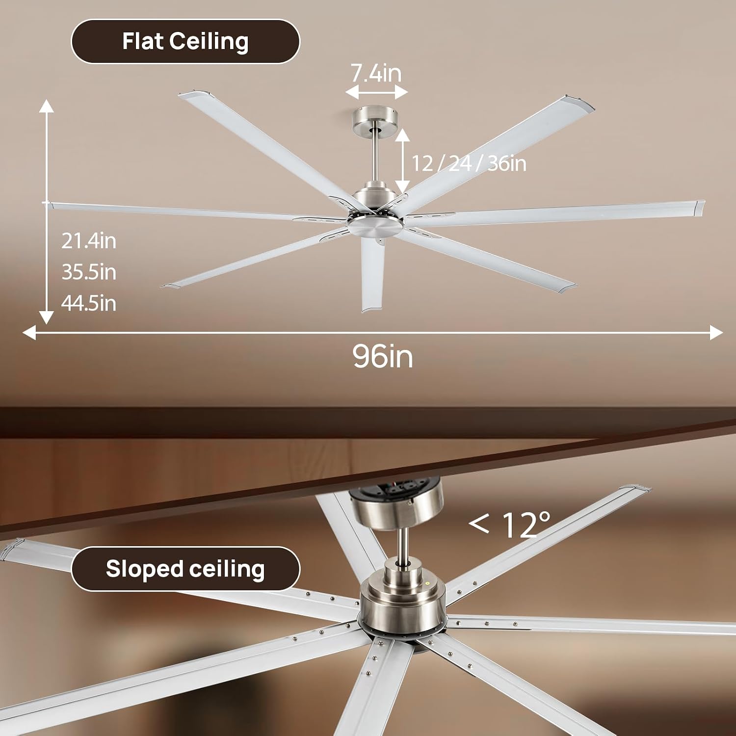 Minislak 96 Inch HVLS Aluminum 7 Blades Industrial & Commercial Ceiling Fan no Light,8ft High CFM DC Motor,6-Speed,Indoor Outdoor Ceiling Fan for Patio,Garage,Shop,Library(Brused Nickel)
