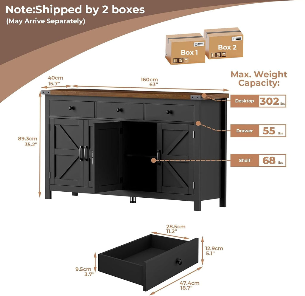 VVFLU 63' Sideboard Buffet Cabinet with Storage, Coffee Bar with 3 Drawers and 4 Barn Doors, Long Wider Storage Cabinet Modern Farmhouse, for Kitchen, Dining Room, Living Room, Black Wood