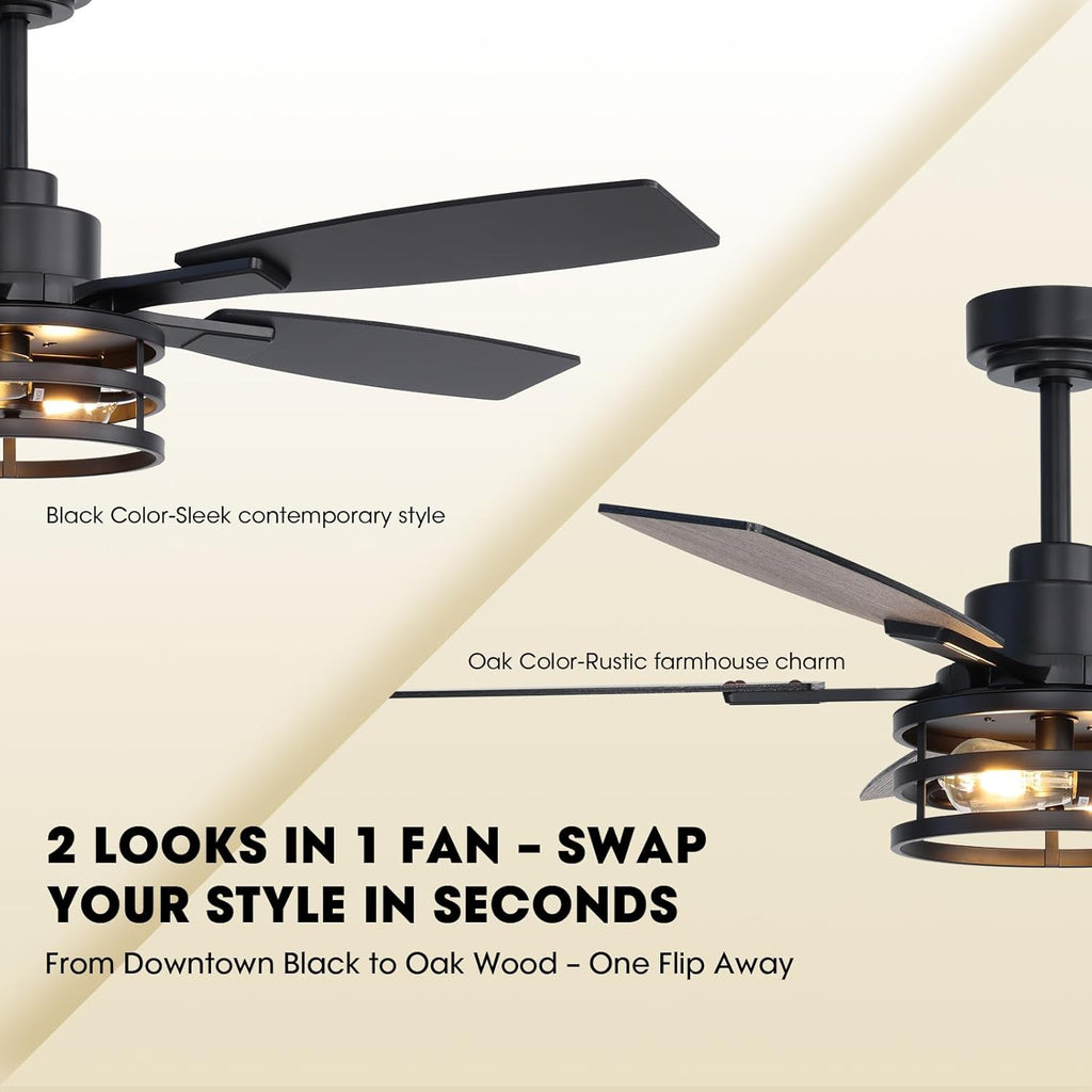52 Inch Ceiling Fans with Lights and Remote Control, Farmhouse Ceiling Fan for Bedroom Living Room and Patio, Black Caged Ceiling Fan for Indoor and Outdoor
