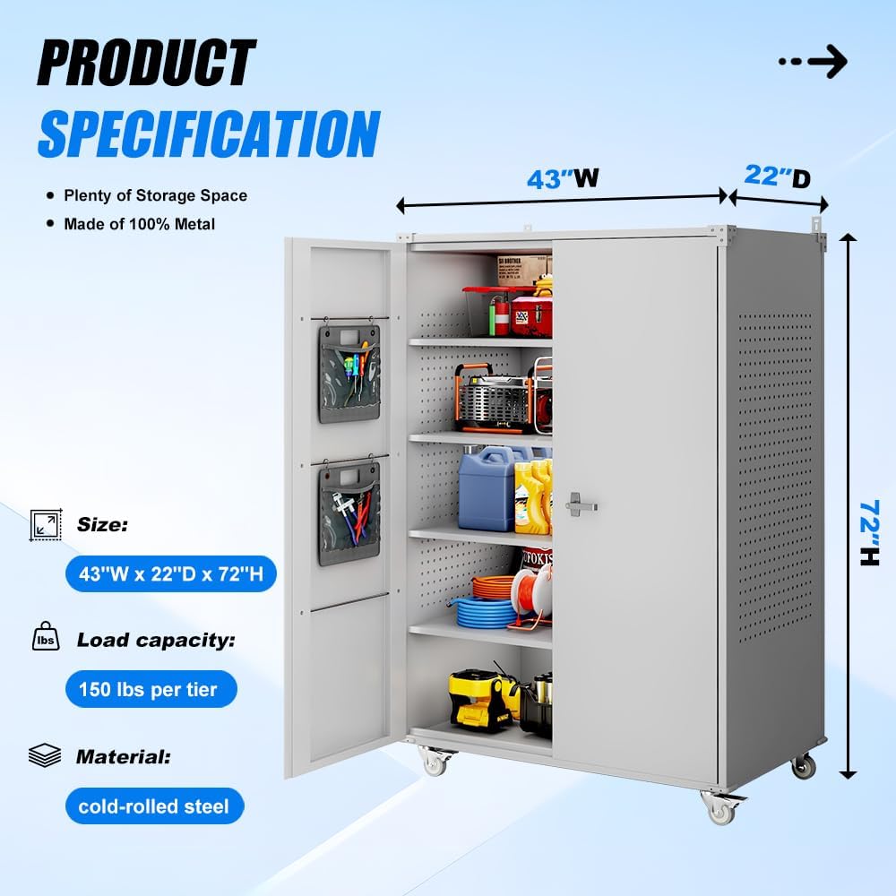 Yeeoy Wide & Deep Metal Garage Storage Cabinet with Pegboard & Adjustable Shelves, Lockable Storage Cabinet with Wheels, Tool Organization Cabinets for Office Garage Shop, 43''W x 22''D x 72''H, Gray