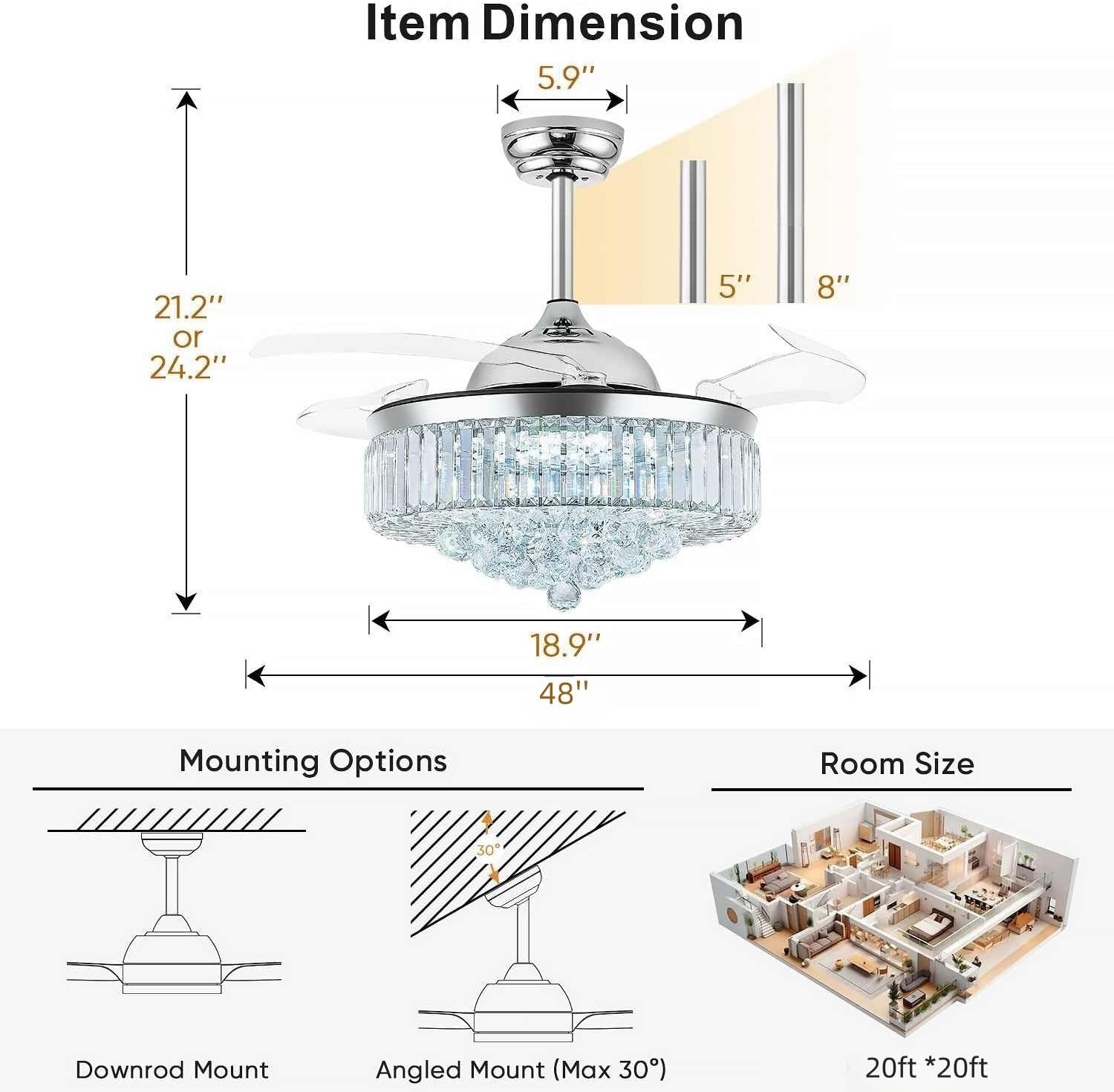 48 Inch Fandelier Ceiling Fans with Light, Chandelier Ceiling Fan, Retractable Ceiling Fan for Bedroom, Living Room, 3 Color Change, LED Dimmable, 6 Speeds, Reversible DC Motor- Chrome