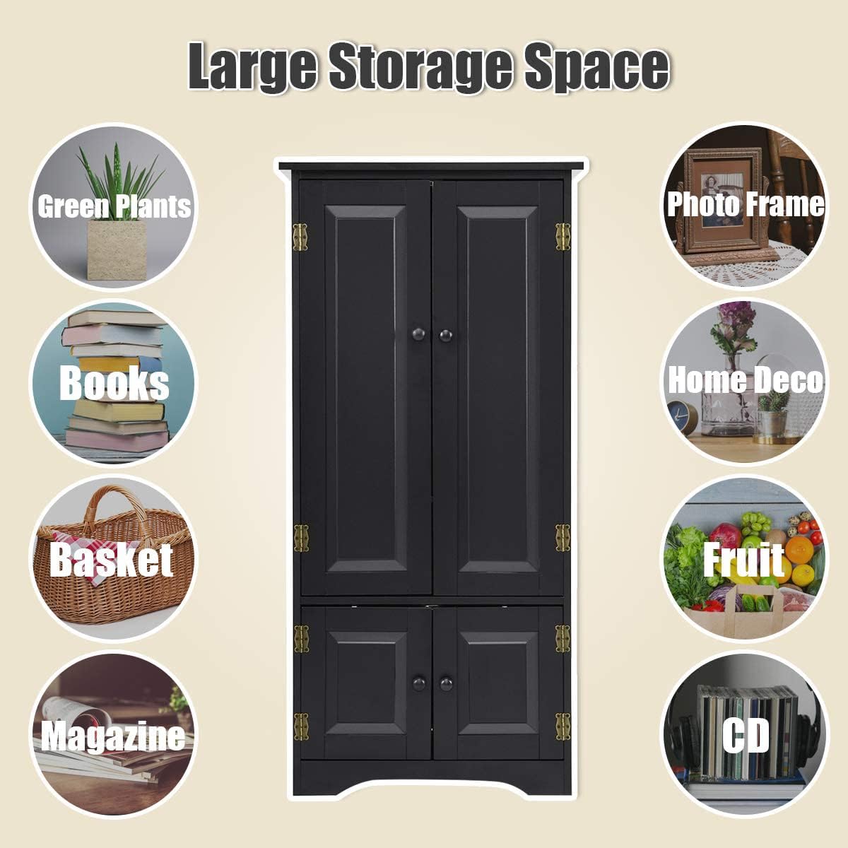 Giantex Accent Floor Storage Cabinet Adjustable Shelves Antique 2-Door Low Floor Cabinet Pantry 24' Lx13 Wx49 H (Black)