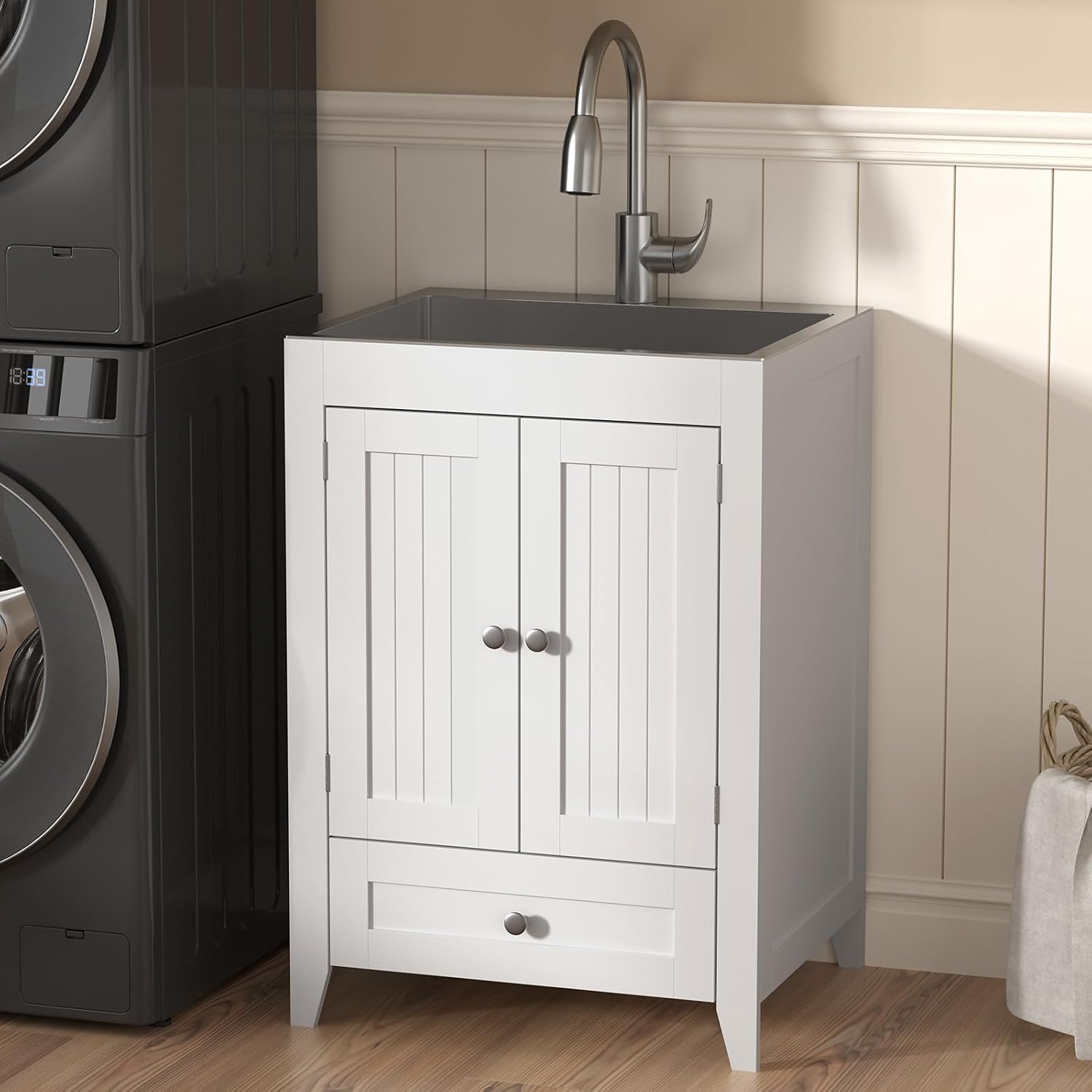 VINGLI 24-Inch Laundry Sink with Cabinet and Pull-Out Sprayer Faucet, Stainless Steel Utility Sink with Cabinet and Drawer Combo, Cabinet with Sink for Laundry & Utility Room, Kitchen, Bathroom, White