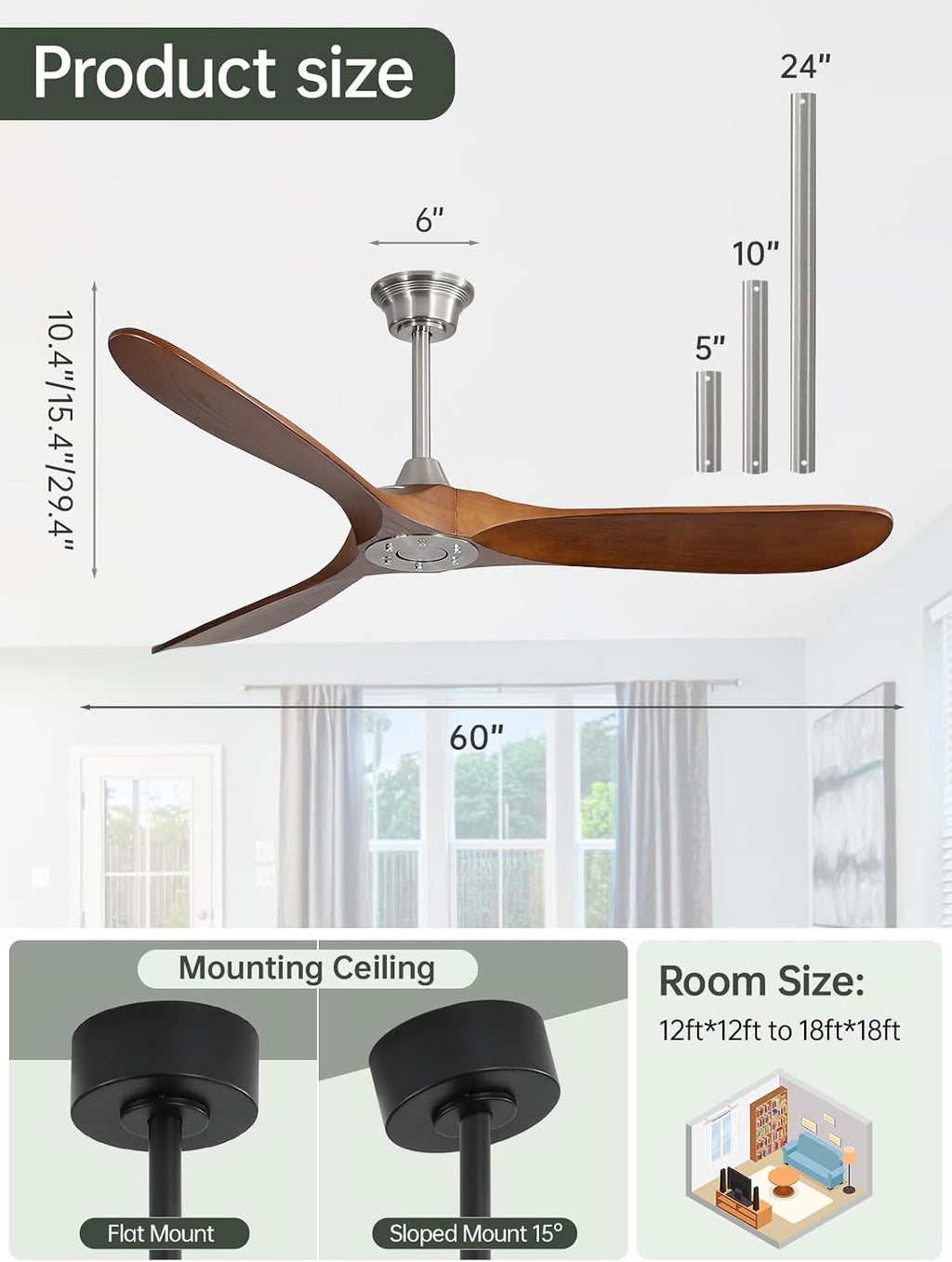 Sofucor 60 Inch Ceiling Fans No Light-Outdoor Ceiling Fan with Remote Control, Reversible DC Motor, Modern Wood Ceiling Fan Without Light for Bedroom Indoor Patios Farmhouse, Sandy Nickel&Walnut