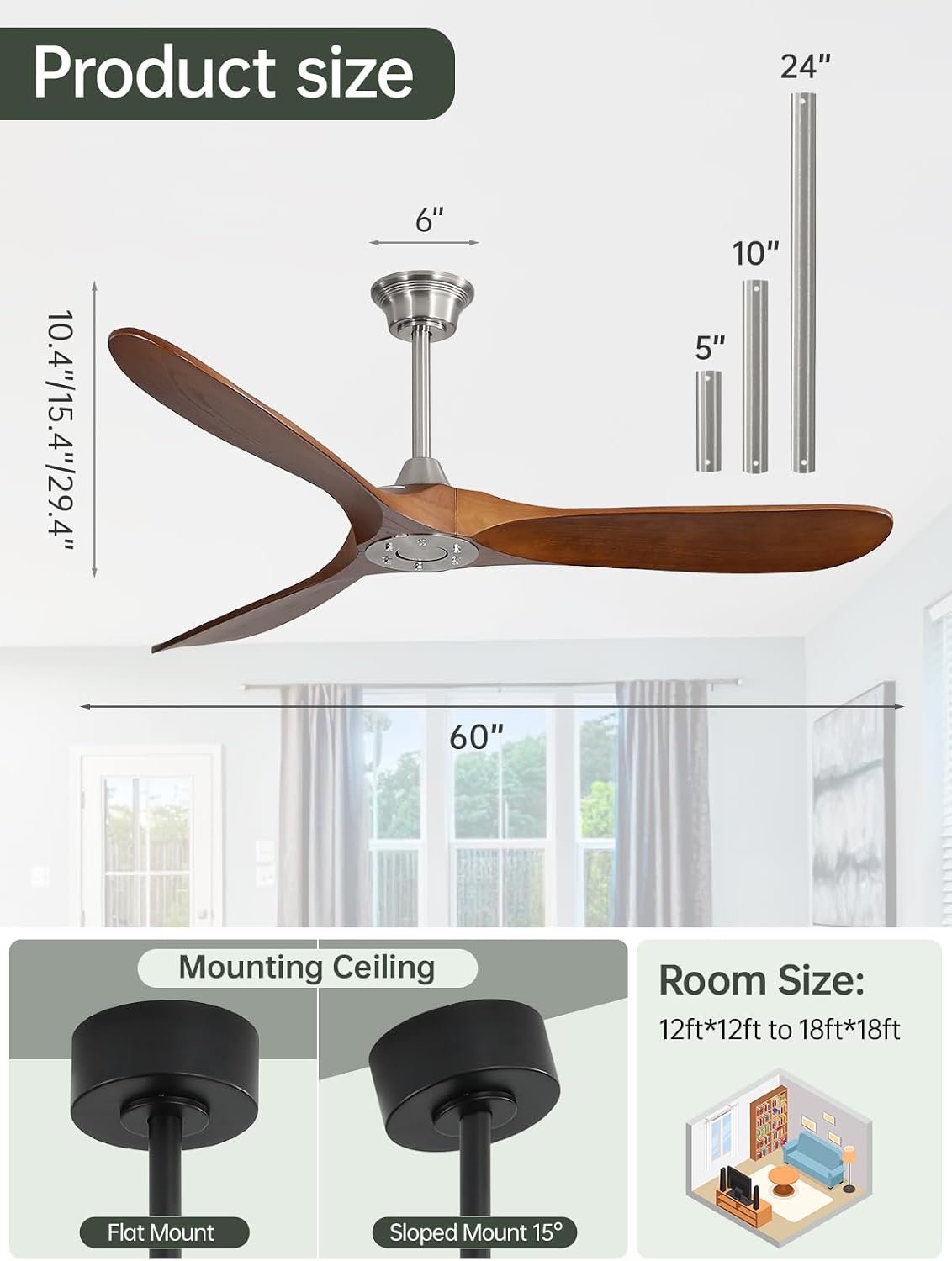 Sofucor 60 Inch Ceiling Fans No Light-Outdoor Ceiling Fan with Remote Control, Reversible DC Motor, Modern Wood Ceiling Fan Without Light for Bedroom Indoor Patios Farmhouse, Sandy Nickel&Walnut