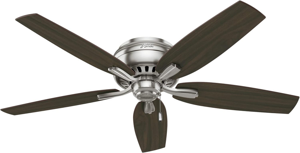 Hunter 52 inch Indoor Ceiling Fan with LED Light - Ceiling Fan with Pull Chain, For Bedroom or Living Room, Low Profile Flush Mount, No Remote, 5 Blades, Includes Bulbs- Newsome 53315, Brushed Nickel