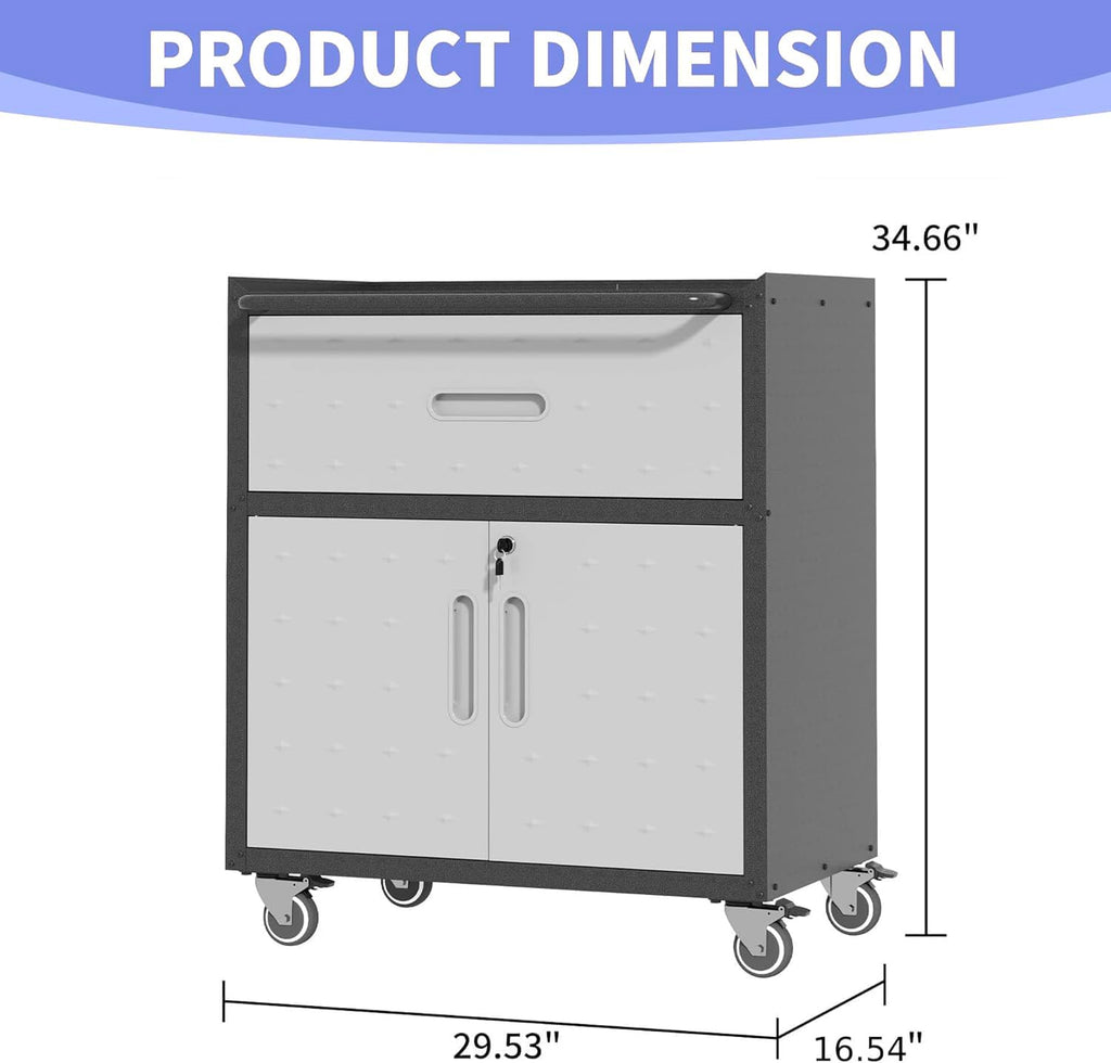 Metal Garage Storage Cabinet on Wheels, Lockable Rolling Tool Cabinet with Drawer and Shelves, Heavy Duty Mobile Steel Cabinet for Garage Warehouse Workshop