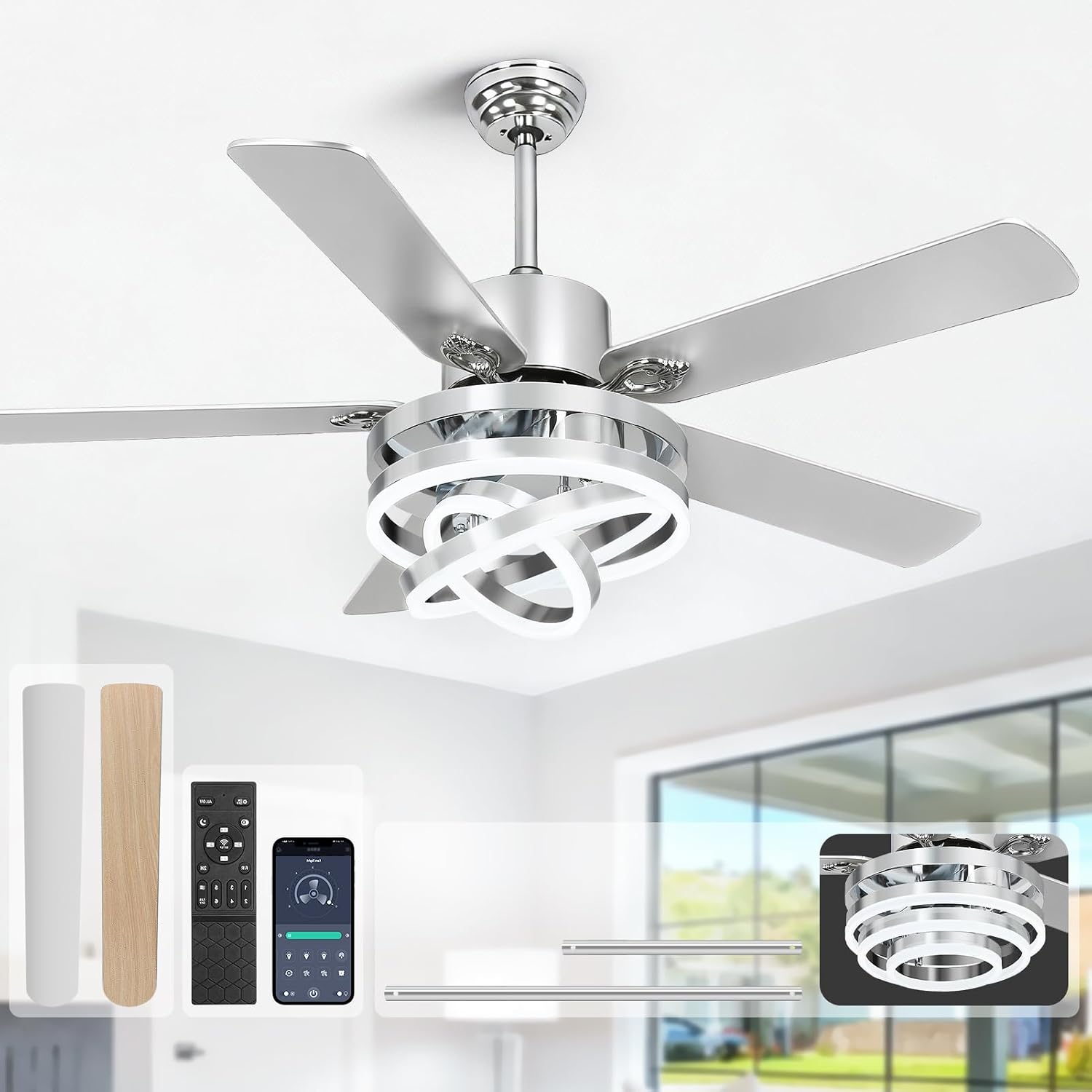 52' Ceilling Fan with Light Chandelier Fan Modern DC Motor Dimmable Led Fandelier Ceiling Fan with Light for Bedroom, Living Room Silver