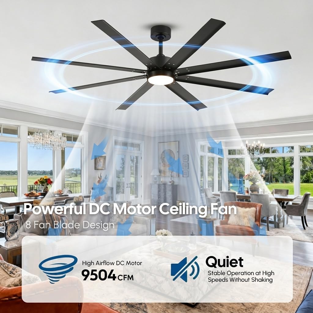 65 Inch Wet Rated Outdoor Smart Ceiling Fan with Light, All Weather IP Waterproof Fan, 9504 CFM High Airflow, 8 Black Aluminum Blades (Rust-Proof), Alexa/App Control for Large Patio, Pergola & Garage