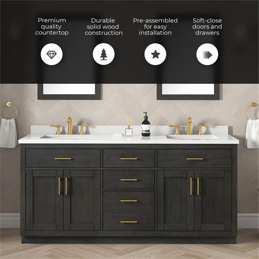 Pemberly Row 72' Double Bathroom Vanity, Matte Black Wood Finish, White Quartz Countertop with 2 Undermount Sinks, Soft-Close Storage, Shaker Style, Power Bar, Master or Guest Bathroom Use