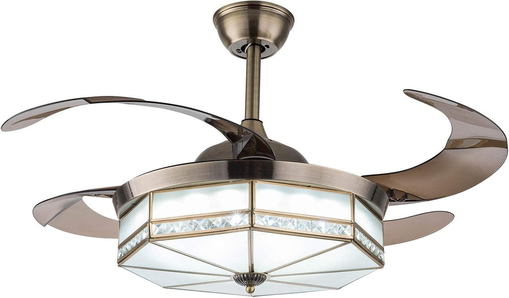 TFCFL 42' Vintage Retractable Ceiling Fan Light, Tiffany Style Chandelier Fan with Controller 3-Color Lighting 3-Speed for Bedroom Living Room (Bronze)